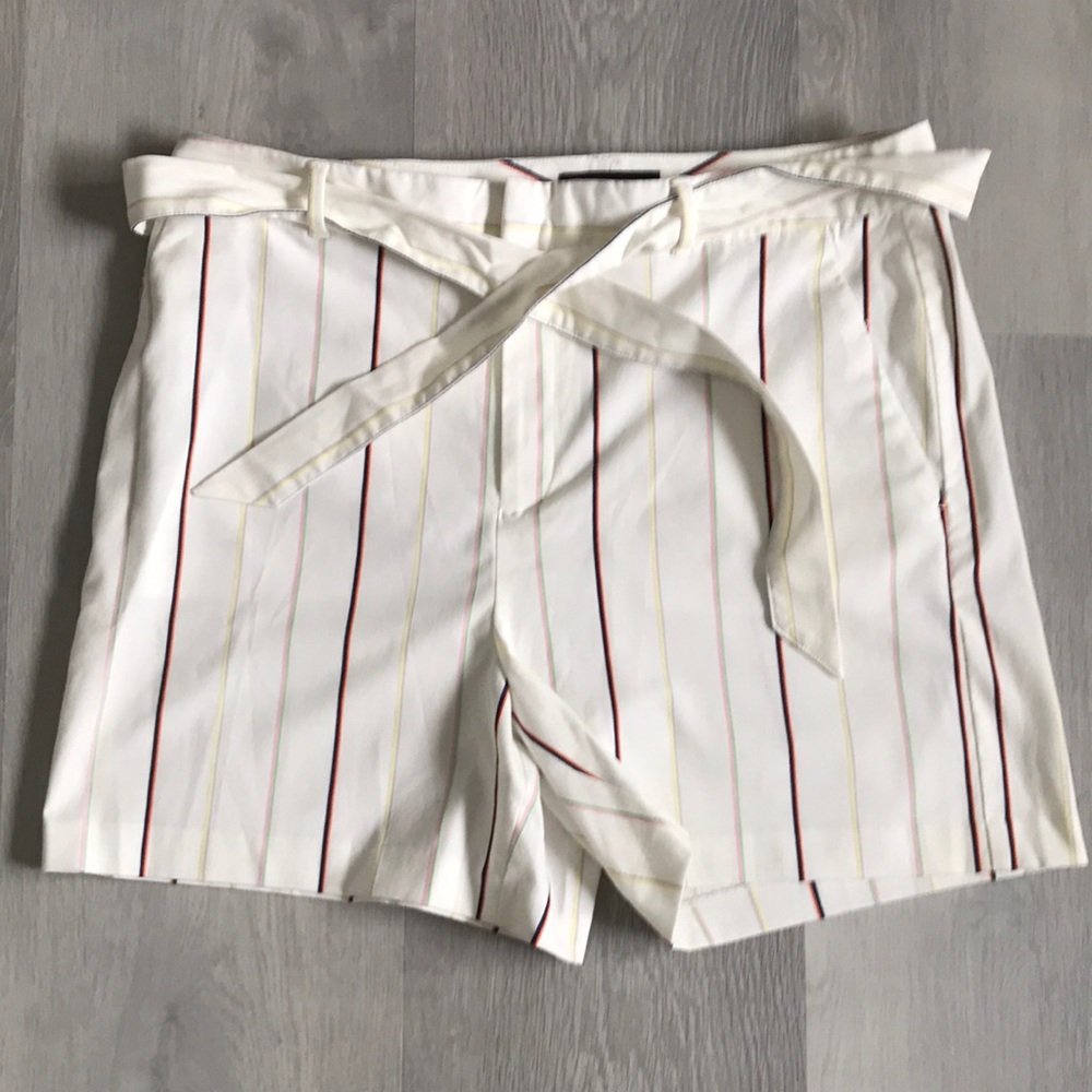 WOMENS WHITE STRIPED SHORTS RAINBOW STRIPE FLAT FRONT 14